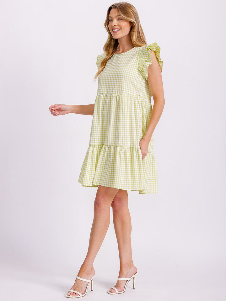 WOMEN'S RUFFLE SLEEVE TIERED TUNIC PLAID MINI DRESS
