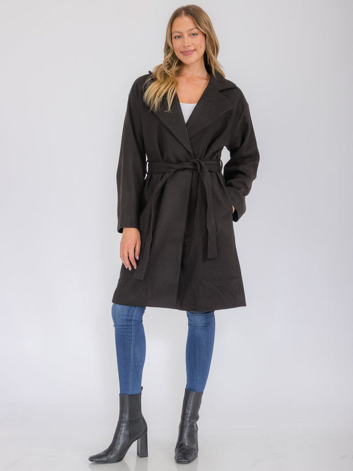 WOMEN'S LONG SLEEVE BUTTON CLOSURE POCKETS SELF TIE COAT