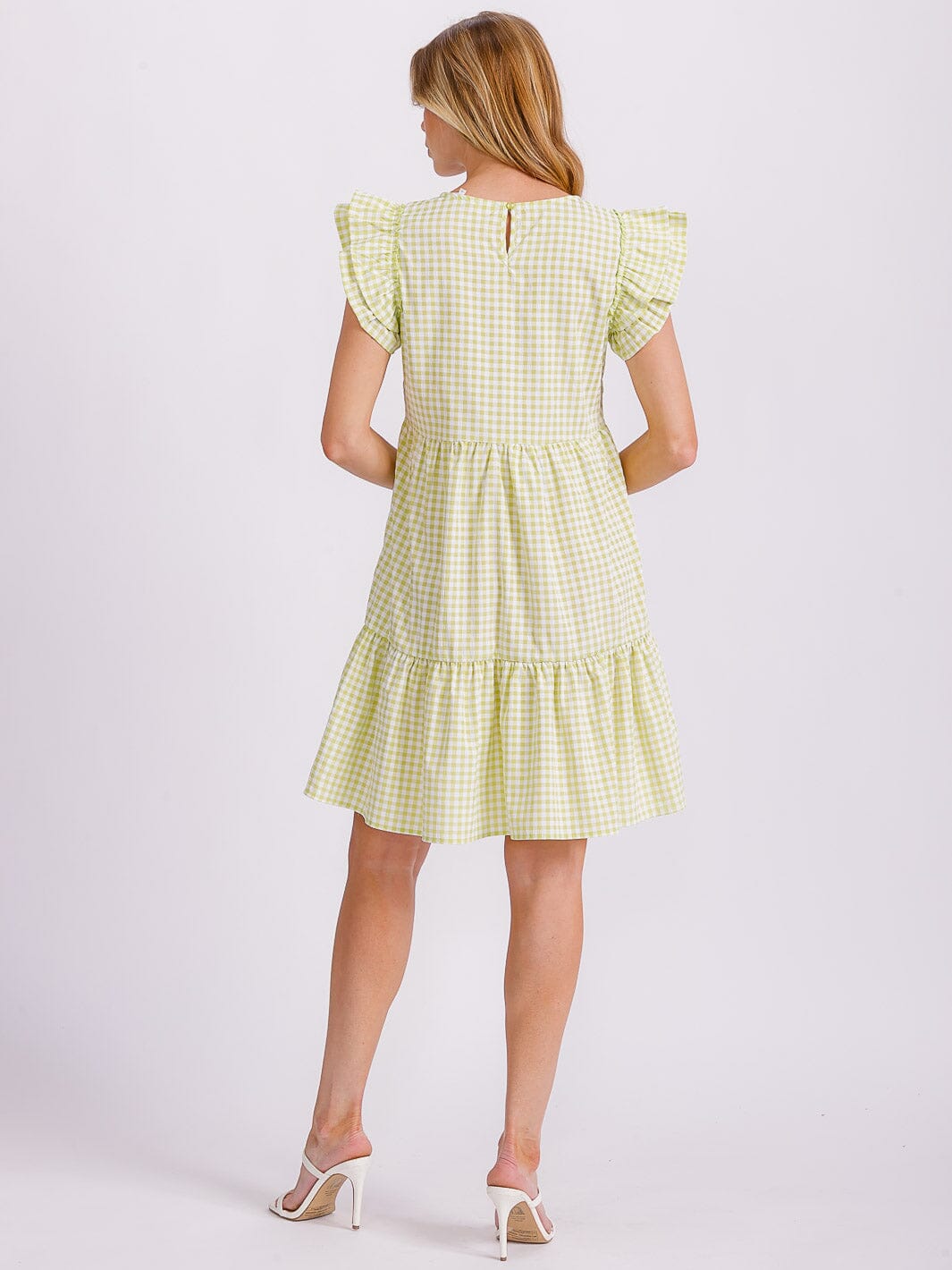WOMEN'S RUFFLE SLEEVE TIERED TUNIC PLAID MINI DRESS