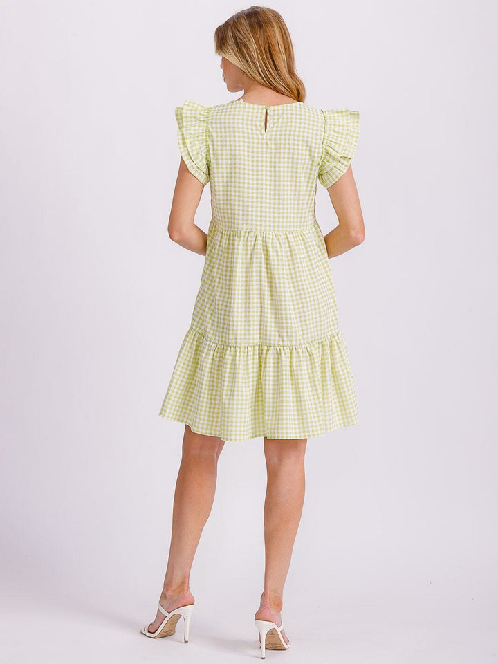 WOMEN'S RUFFLE SLEEVE TIERED TUNIC PLAID MINI DRESS