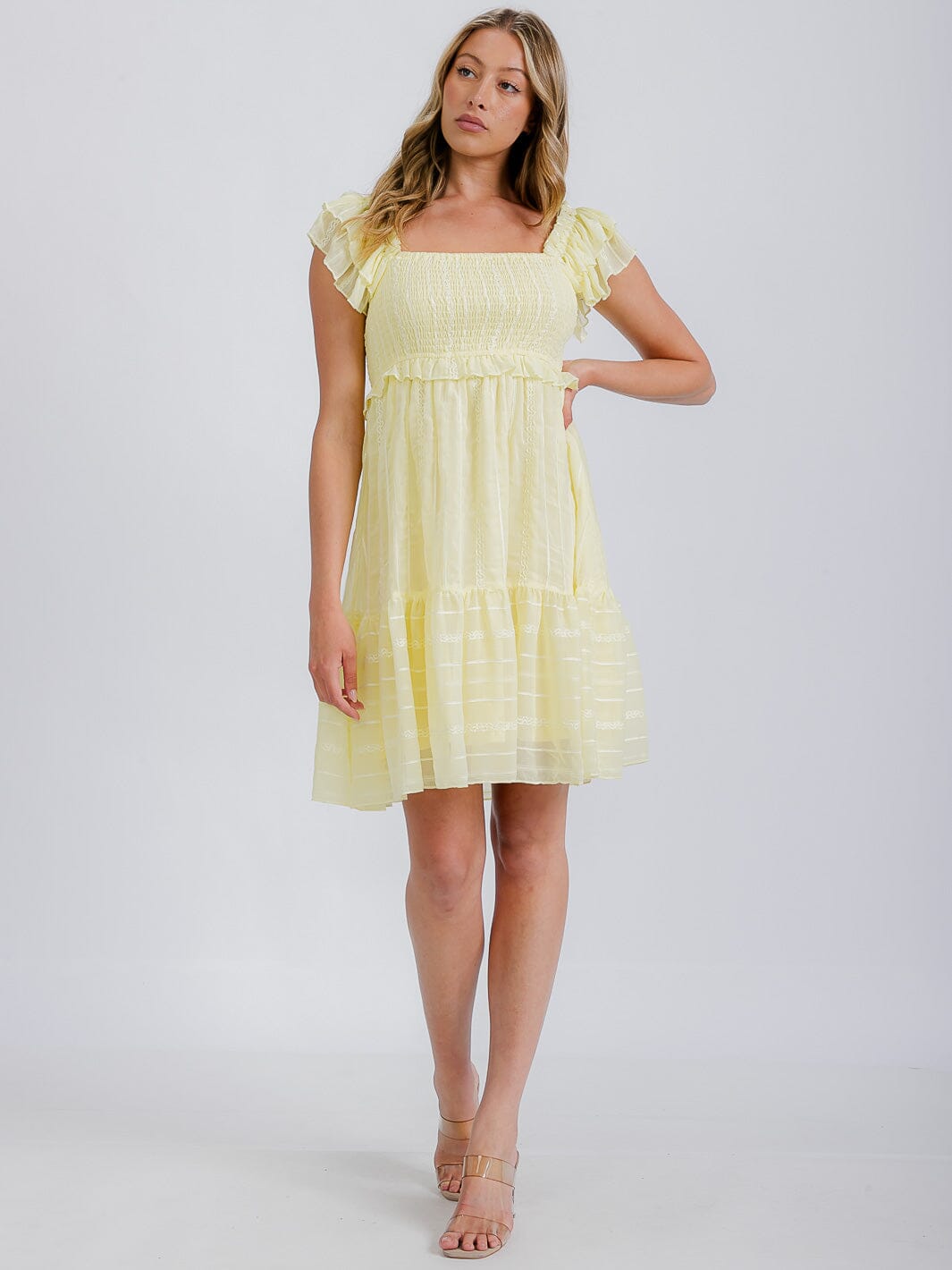 WOMEN'S RUFFLE SLEEVE SMOCKED TIERED MINI DRESS