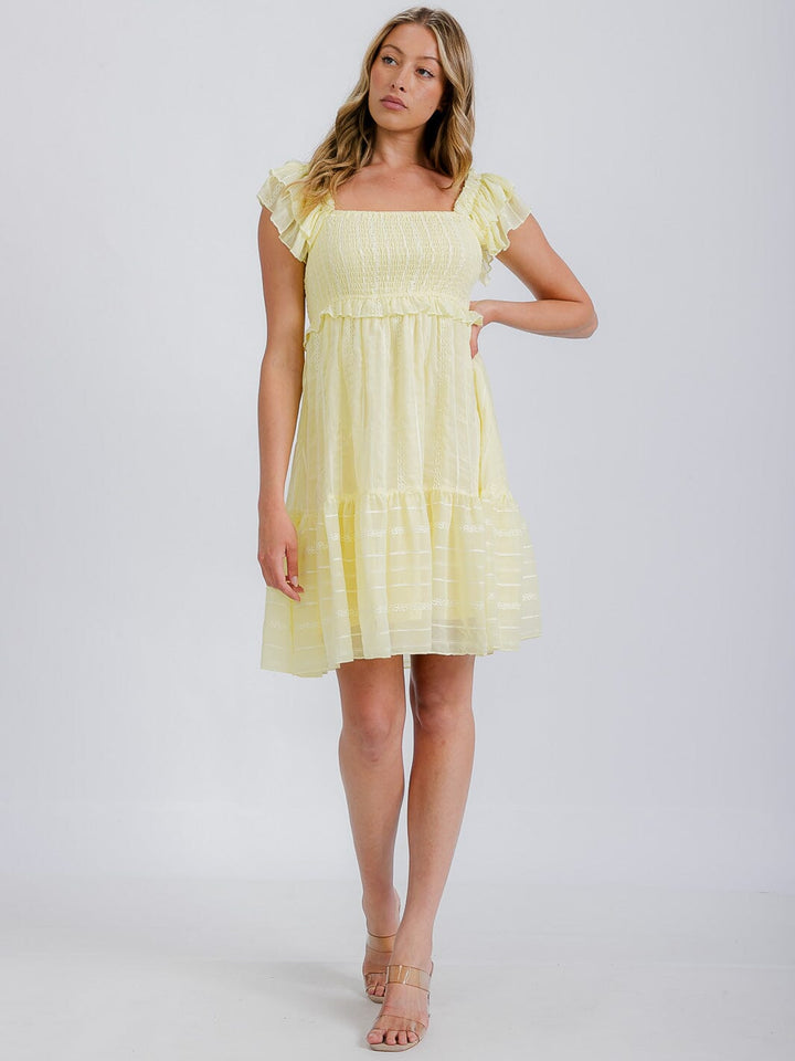WOMEN'S RUFFLE SLEEVE SMOCKED TIERED MINI DRESS