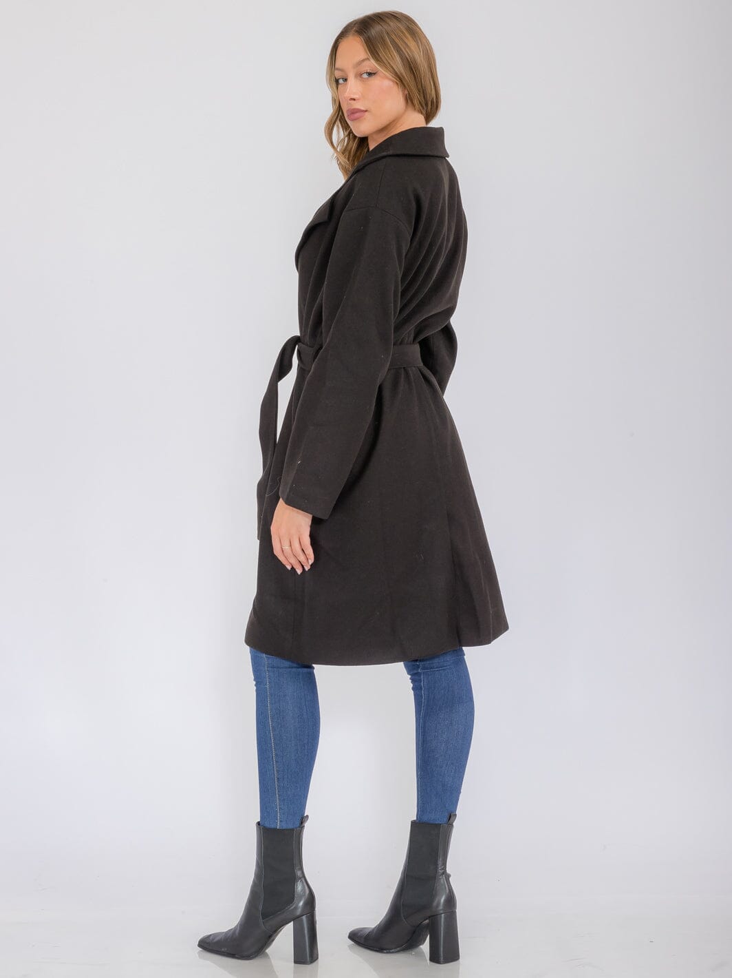 WOMEN'S LONG SLEEVE BUTTON CLOSURE POCKETS SELF TIE COAT