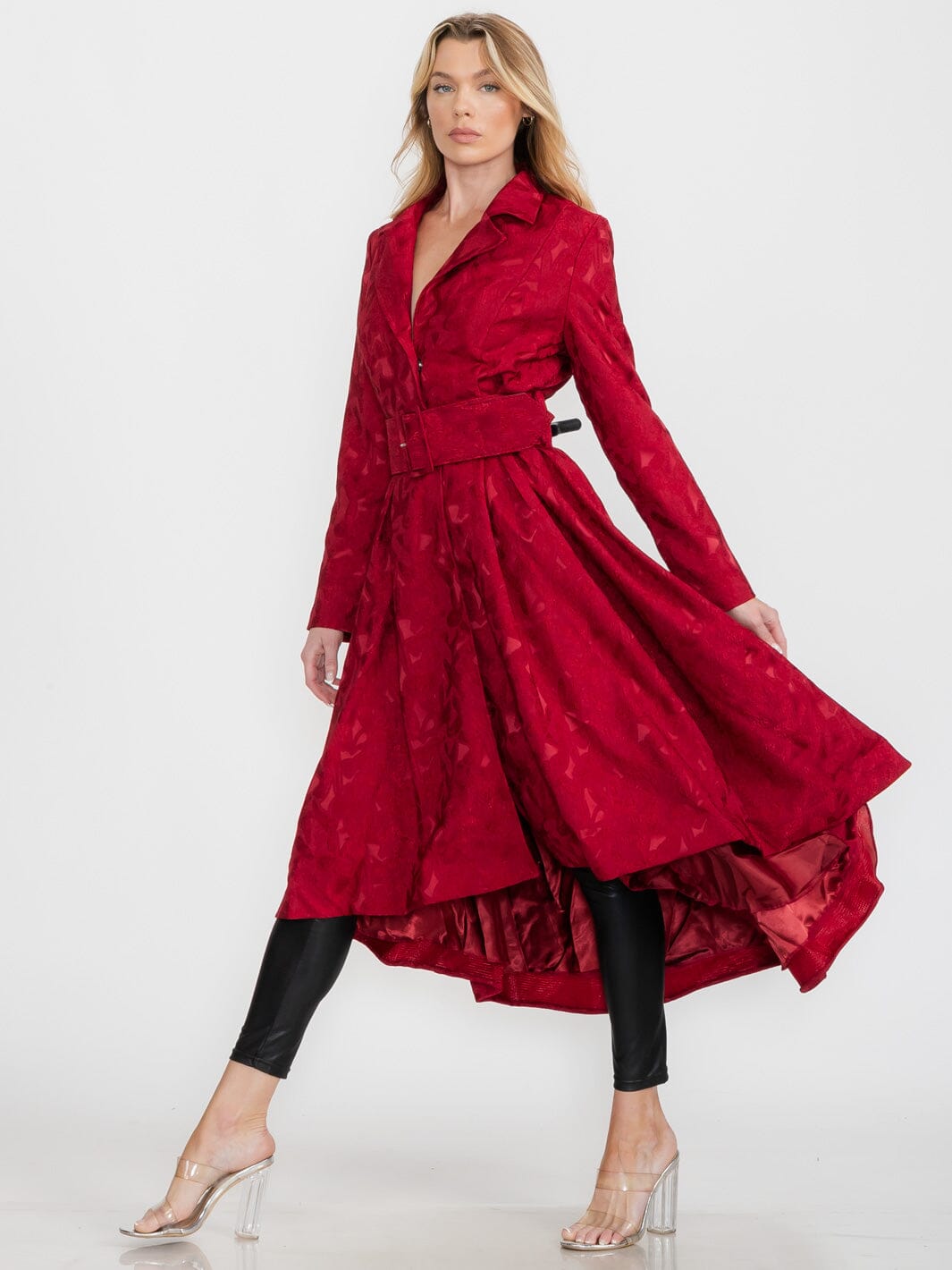 WOMEN'S LONG SLEEVE BUTTON CLOSURE HIGH LOW BELTED DRESS COAT