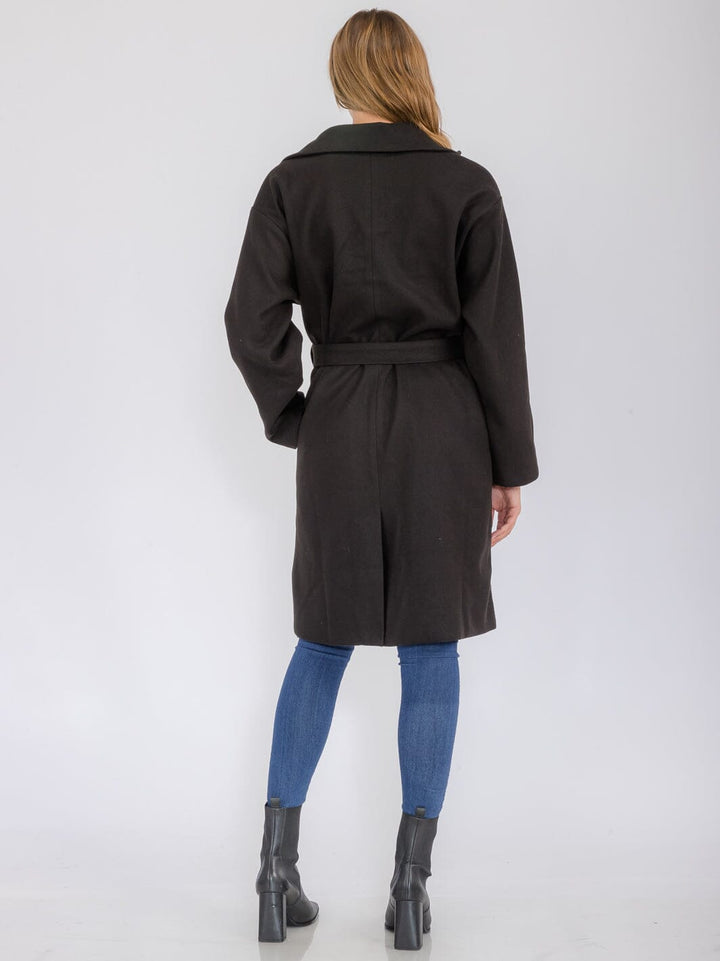 WOMEN'S LONG SLEEVE BUTTON CLOSURE POCKETS SELF TIE COAT