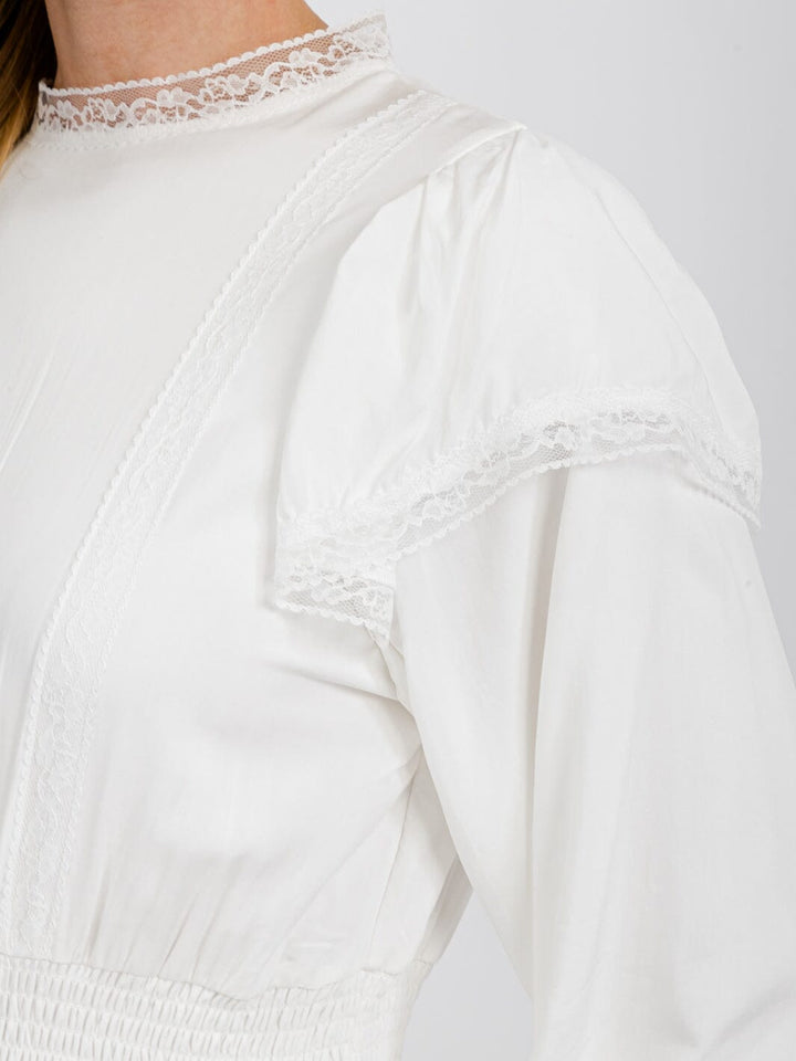 WOMEN'S LONG SLEEVE TRIM DETAILED SMOCK WAIST TIERED MAXI DRESS