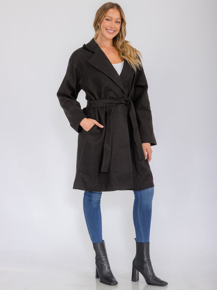 WOMEN'S LONG SLEEVE BUTTON CLOSURE POCKETS SELF TIE COAT