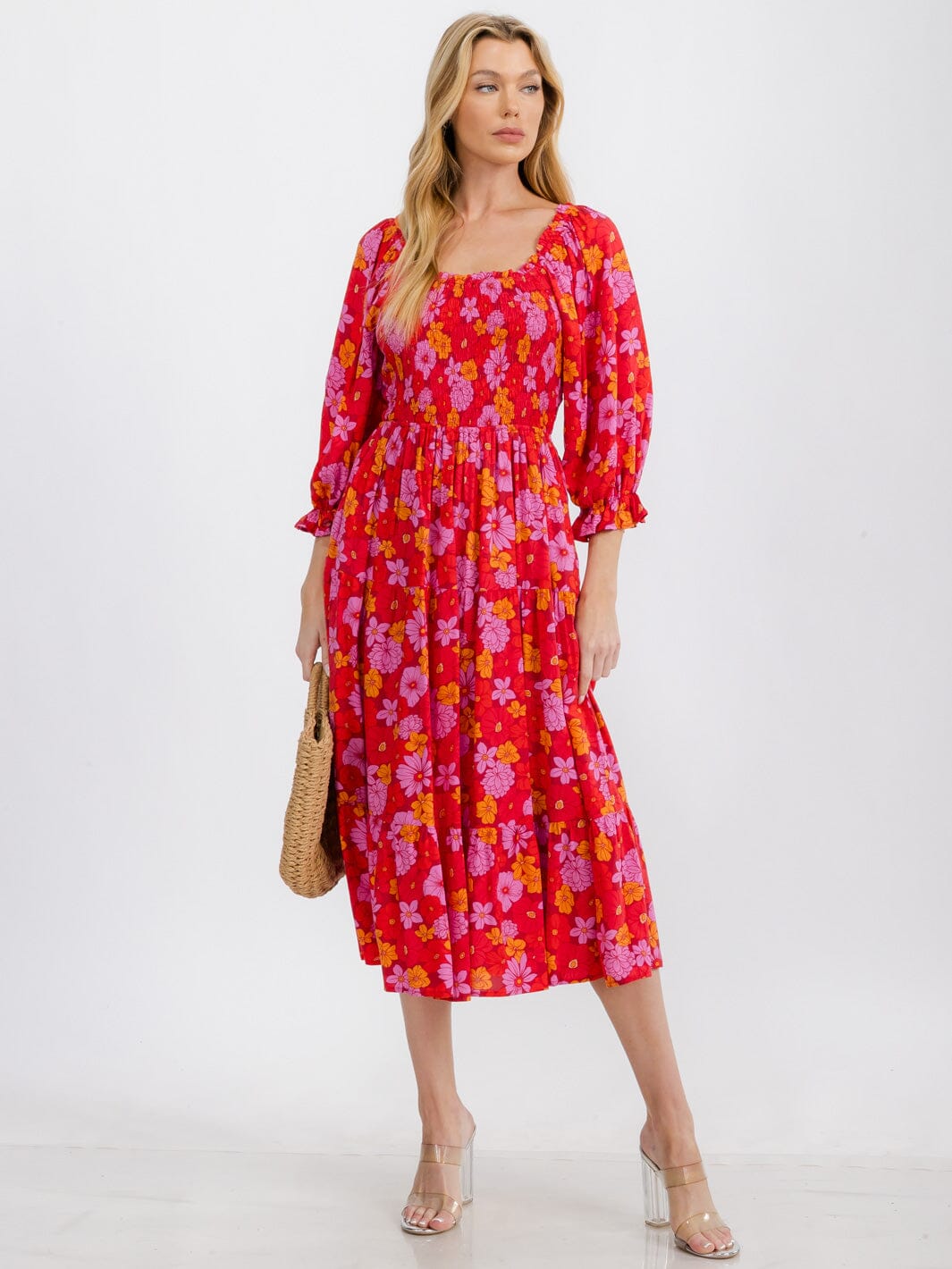 WOMEN'S 3/4 SLEEVE SQUARE NECK TIERED SMOCK POCKETS FLORAL MIDI DRESS