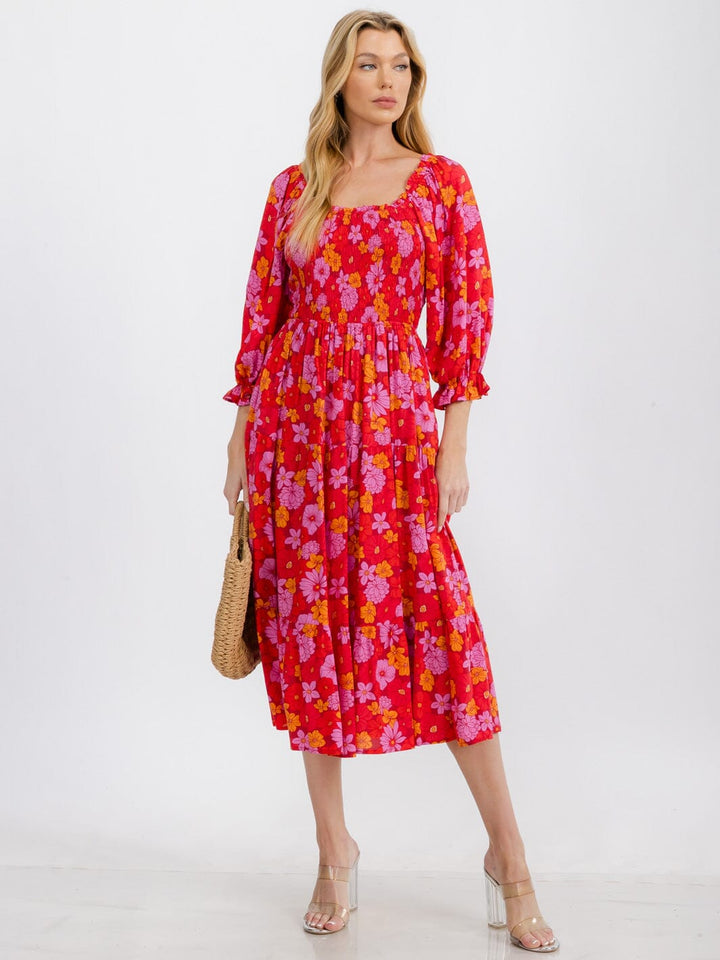 WOMEN'S 3/4 SLEEVE SQUARE NECK TIERED SMOCK POCKETS FLORAL MIDI DRESS
