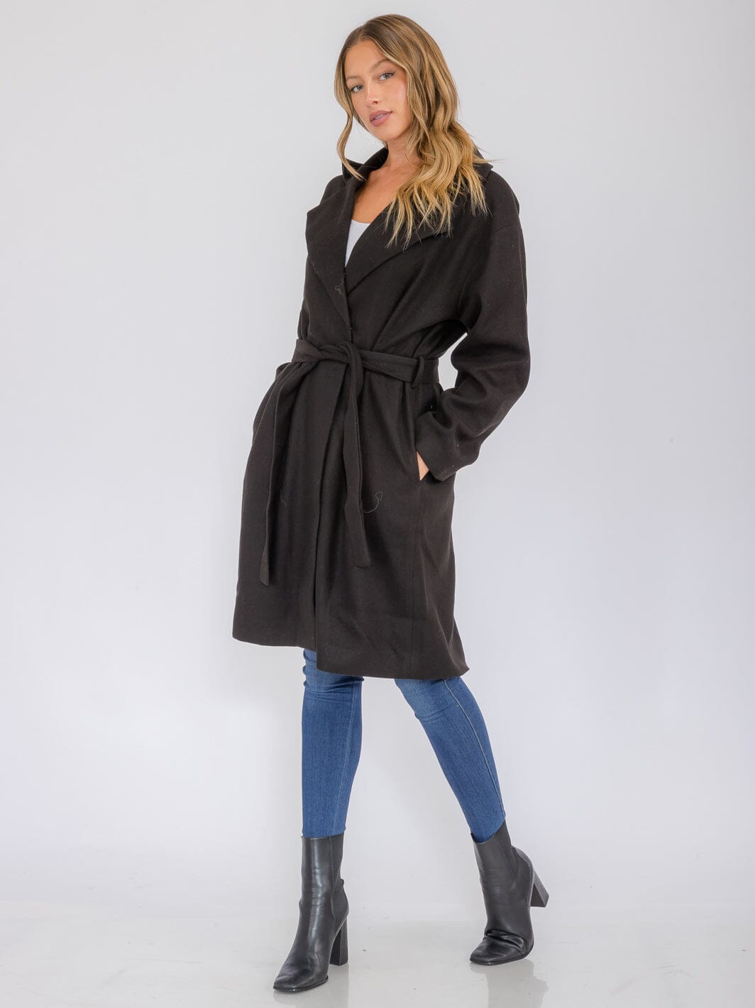 WOMEN'S LONG SLEEVE BUTTON CLOSURE POCKETS SELF TIE COAT