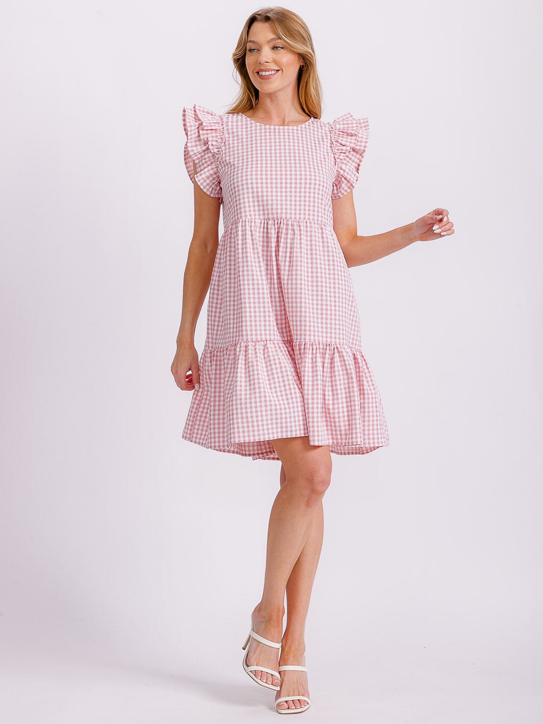WOMEN'S RUFFLE SLEEVE TIERED TUNIC PLAID MINI DRESS