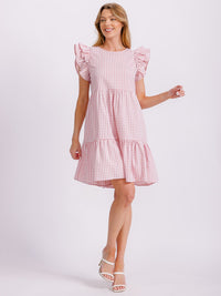 WOMEN'S RUFFLE SLEEVE TIERED TUNIC PLAID MINI DRESS