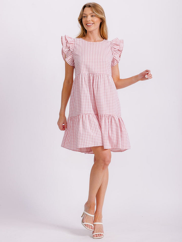 WOMEN'S RUFFLE SLEEVE TIERED TUNIC PLAID MINI DRESS
