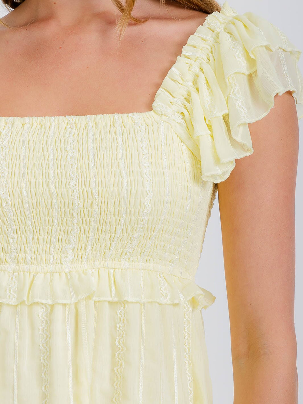 WOMEN'S RUFFLE SLEEVE SMOCKED TIERED MINI DRESS