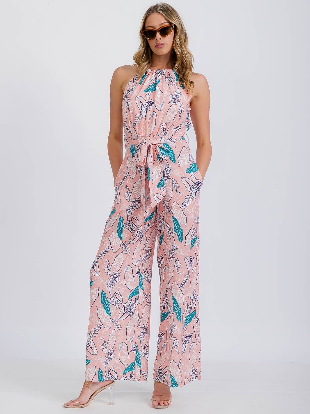 WOMEN'S SLEEVELESS HALTER NECK FLORAL BELTED JUMPSUIT