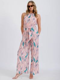 WOMEN'S SLEEVELESS HALTER NECK FLORAL BELTED JUMPSUIT