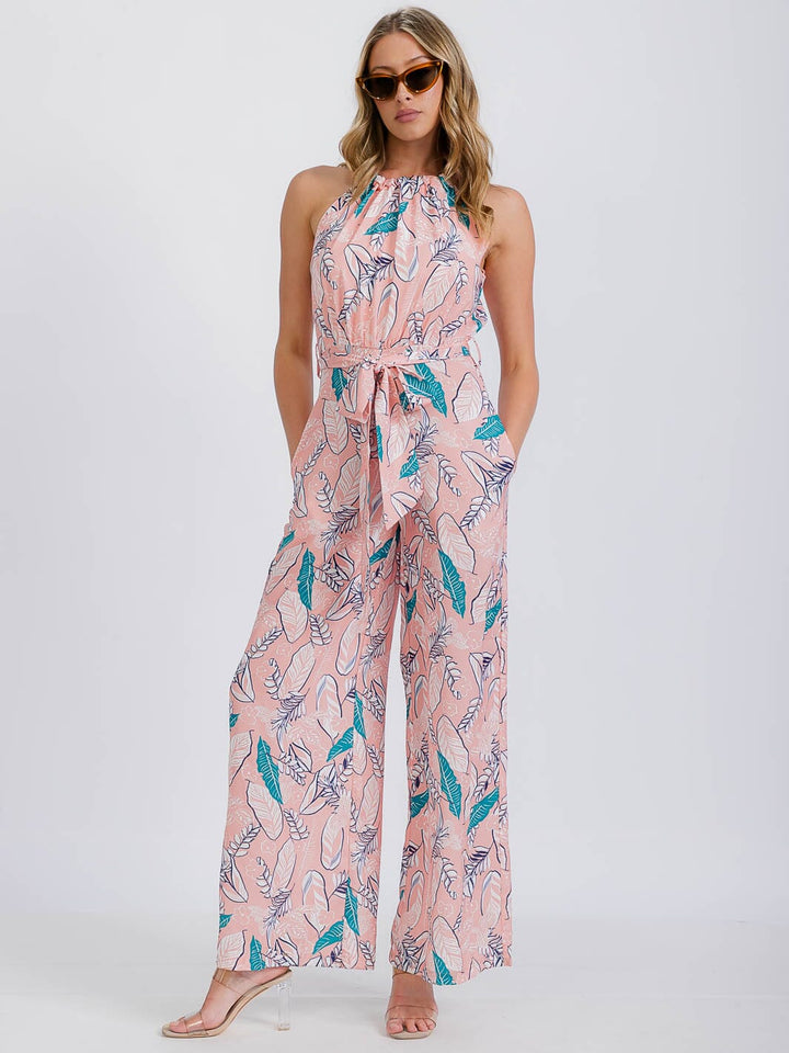 WOMEN'S SLEEVELESS HALTER NECK FLORAL BELTED JUMPSUIT