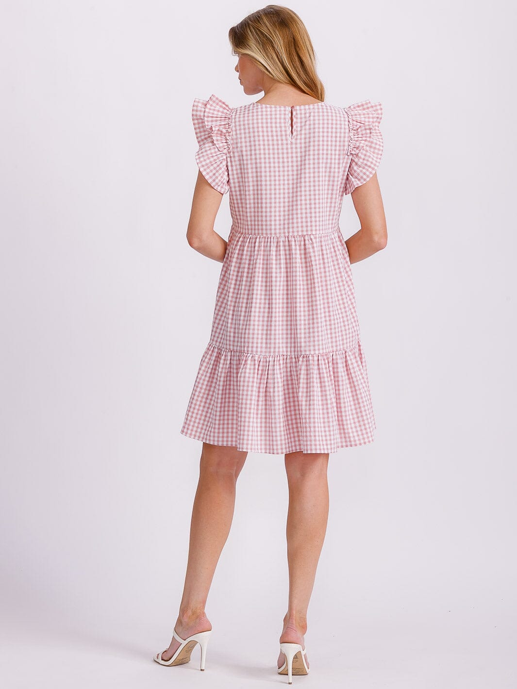WOMEN'S RUFFLE SLEEVE TIERED TUNIC PLAID MINI DRESS