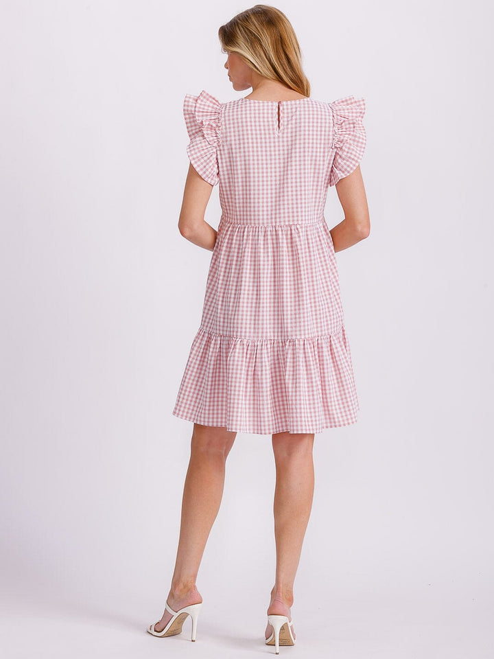 WOMEN'S RUFFLE SLEEVE TIERED TUNIC PLAID MINI DRESS
