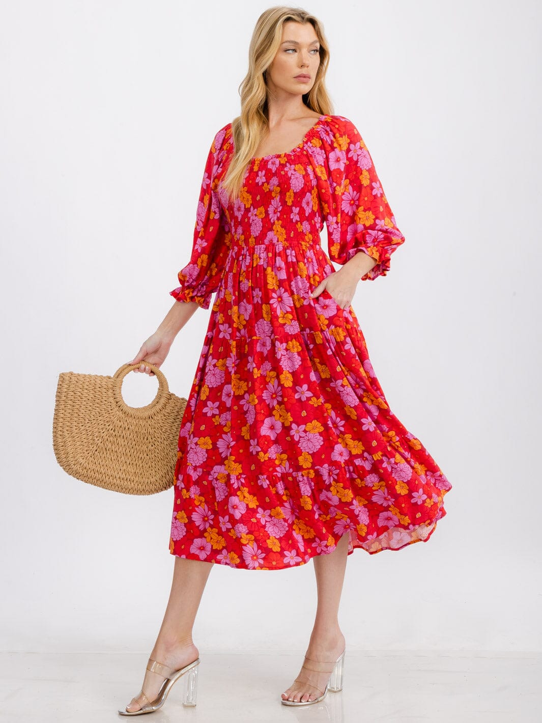 WOMEN'S 3/4 SLEEVE SQUARE NECK TIERED SMOCK POCKETS FLORAL MIDI DRESS