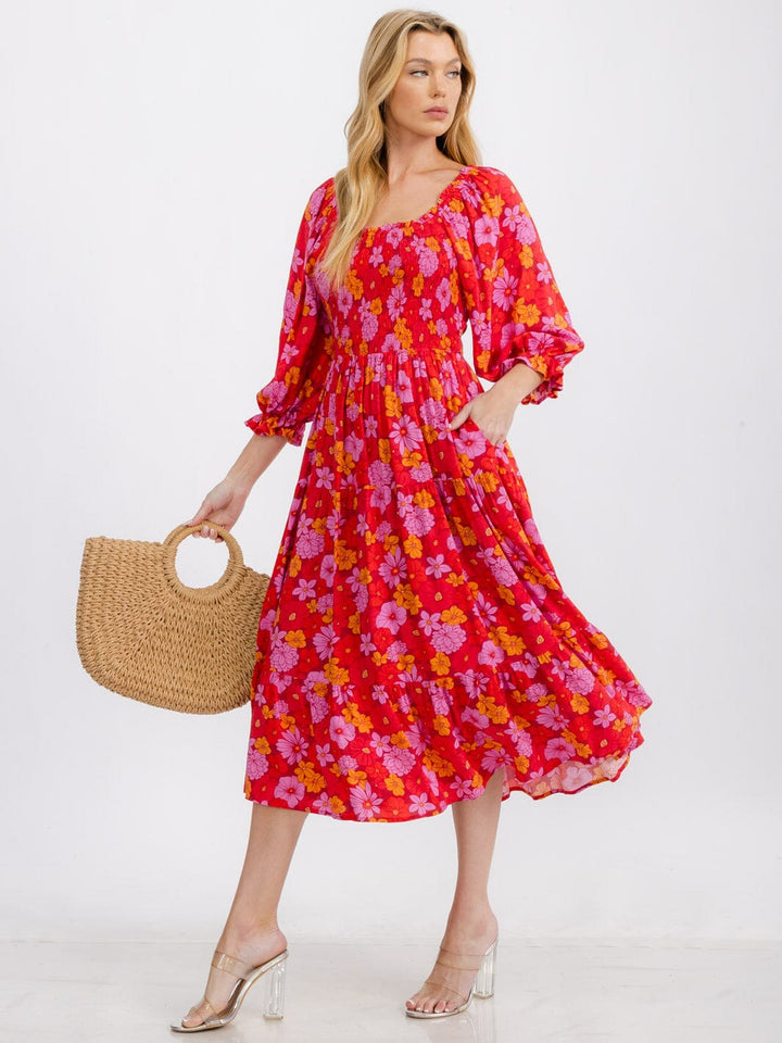 WOMEN'S 3/4 SLEEVE SQUARE NECK TIERED SMOCK POCKETS FLORAL MIDI DRESS