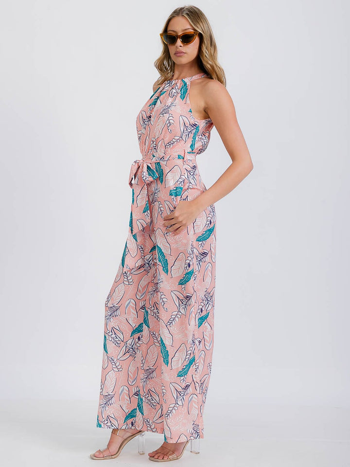 WOMEN'S SLEEVELESS HALTER NECK FLORAL BELTED JUMPSUIT