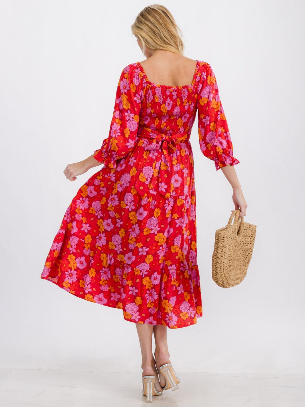 WOMEN'S 3/4 SLEEVE SQUARE NECK TIERED SMOCK POCKETS FLORAL MIDI DRESS