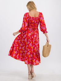 WOMEN'S 3/4 SLEEVE SQUARE NECK TIERED SMOCK POCKETS FLORAL MIDI DRESS