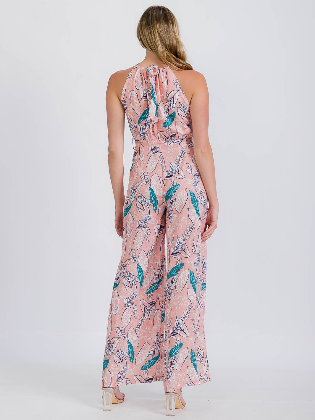 WOMEN'S SLEEVELESS HALTER NECK FLORAL BELTED JUMPSUIT