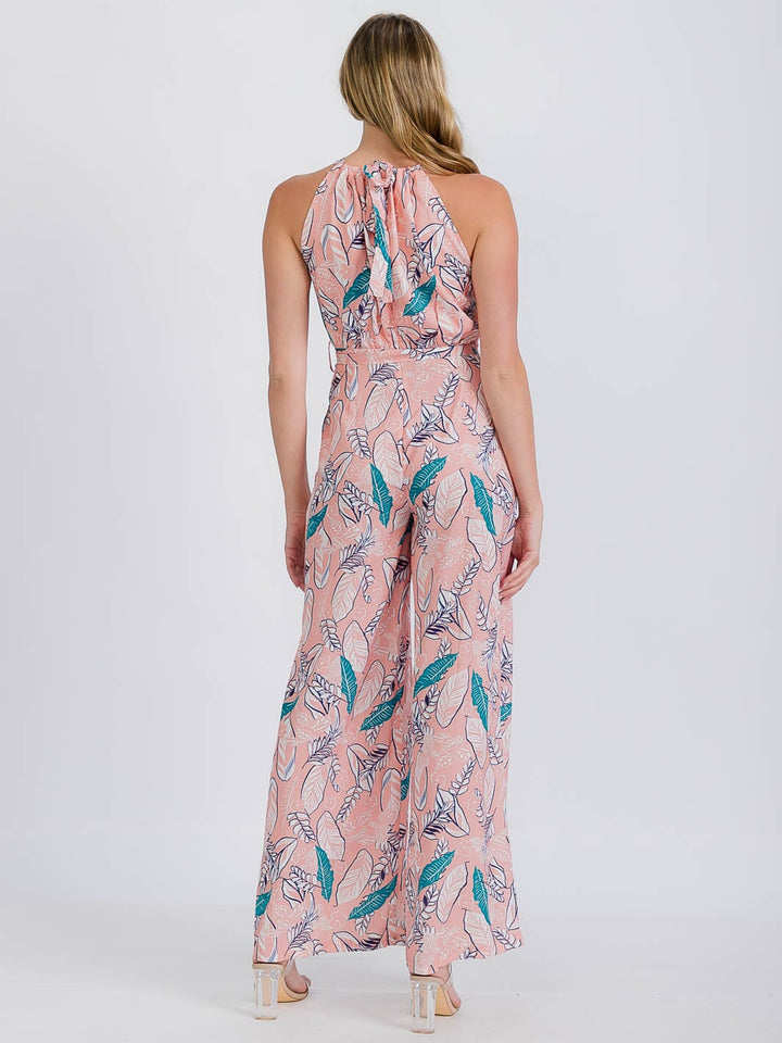 WOMEN'S SLEEVELESS HALTER NECK FLORAL BELTED JUMPSUIT