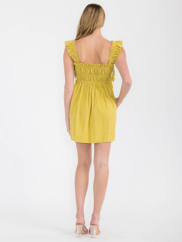 WOMEN'S SLEEVELESS ELASTIC WAIST FRONT POCKETS RUFFLE MINI DRESS