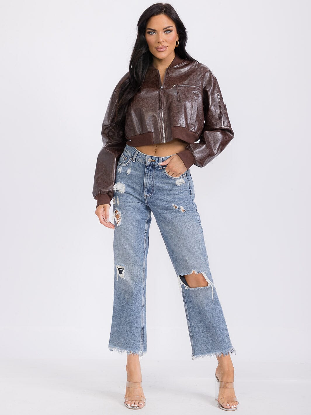 WOMEN'S LONG SLEEVE ZIP UP POCKETS PU PLEATHER JACKET