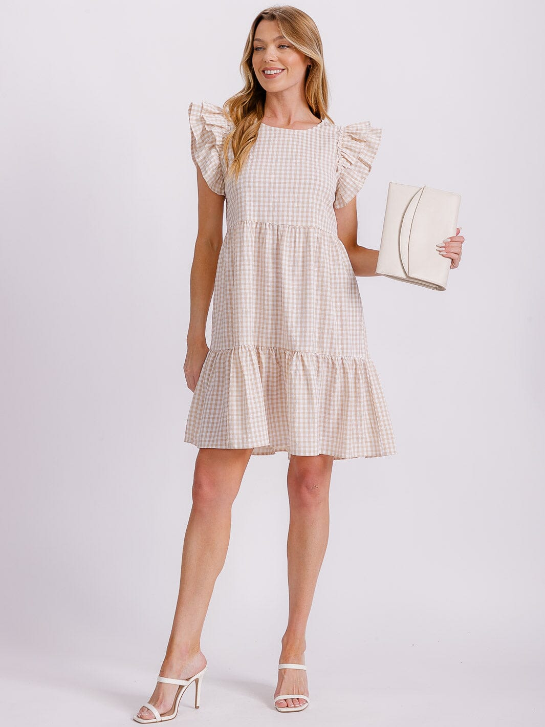 WOMEN'S RUFFLE SLEEVE TIERED TUNIC PLAID MINI DRESS