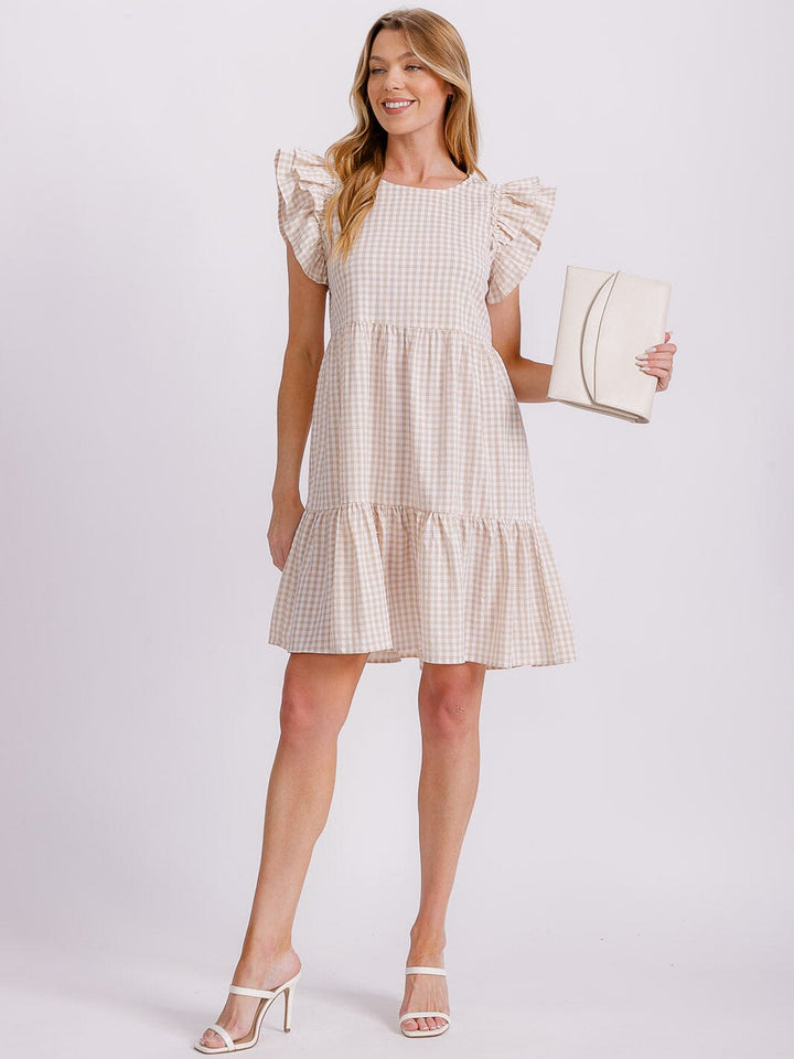 WOMEN'S RUFFLE SLEEVE TIERED TUNIC PLAID MINI DRESS