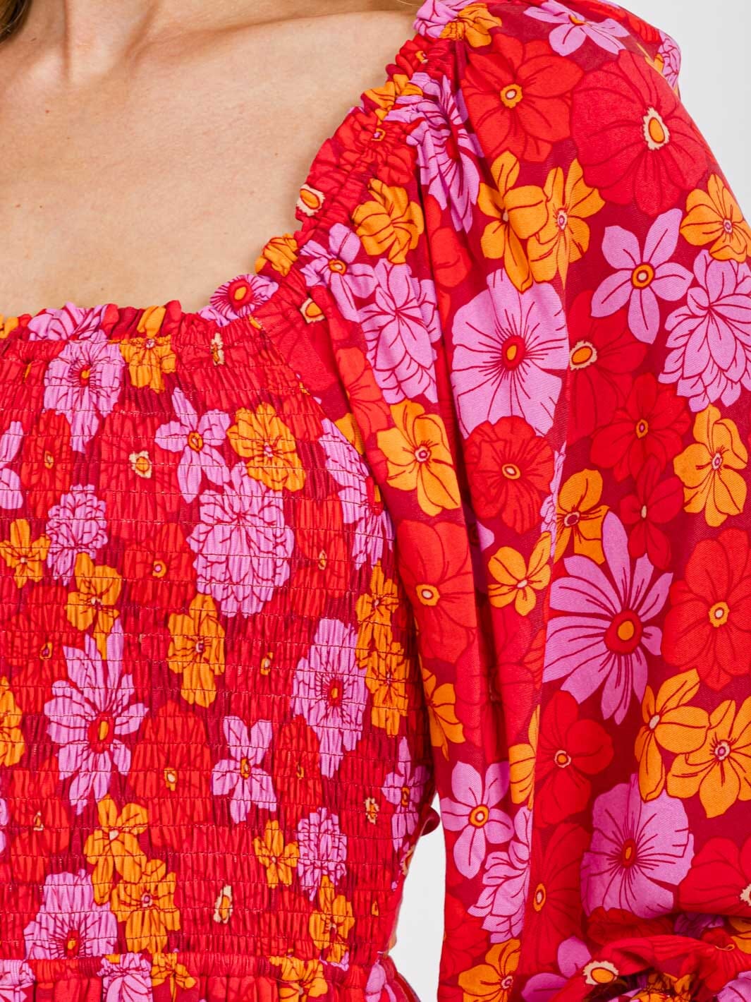 WOMEN'S 3/4 SLEEVE SQUARE NECK TIERED SMOCK POCKETS FLORAL MIDI DRESS