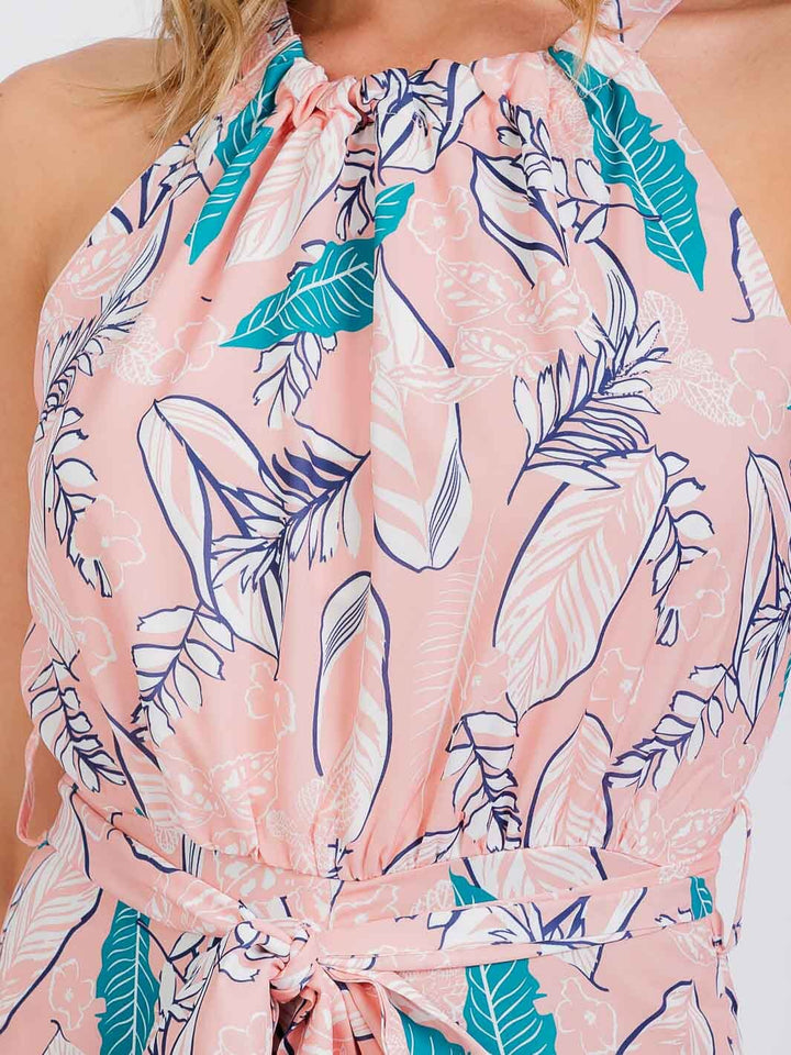 WOMEN'S SLEEVELESS HALTER NECK FLORAL BELTED JUMPSUIT