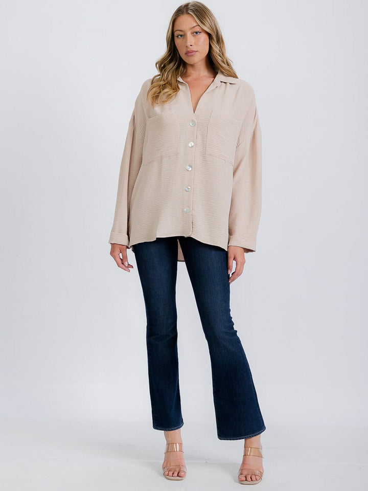 WOMEN'S LONG SLEEVE FRONT POCKETS BUTTON UP BLOUSE