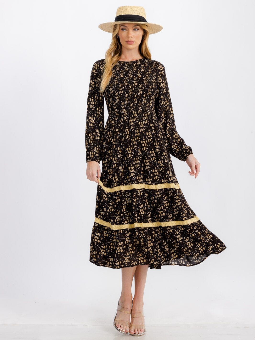 WOMEN'S LONG SLEEVE FRONT POCKETS SMOCK FLOWER MAXI DRESS