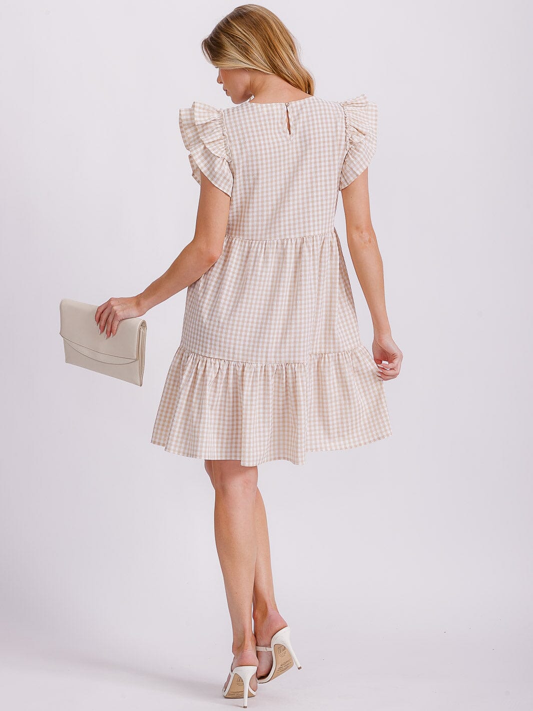 WOMEN'S RUFFLE SLEEVE TIERED TUNIC PLAID MINI DRESS
