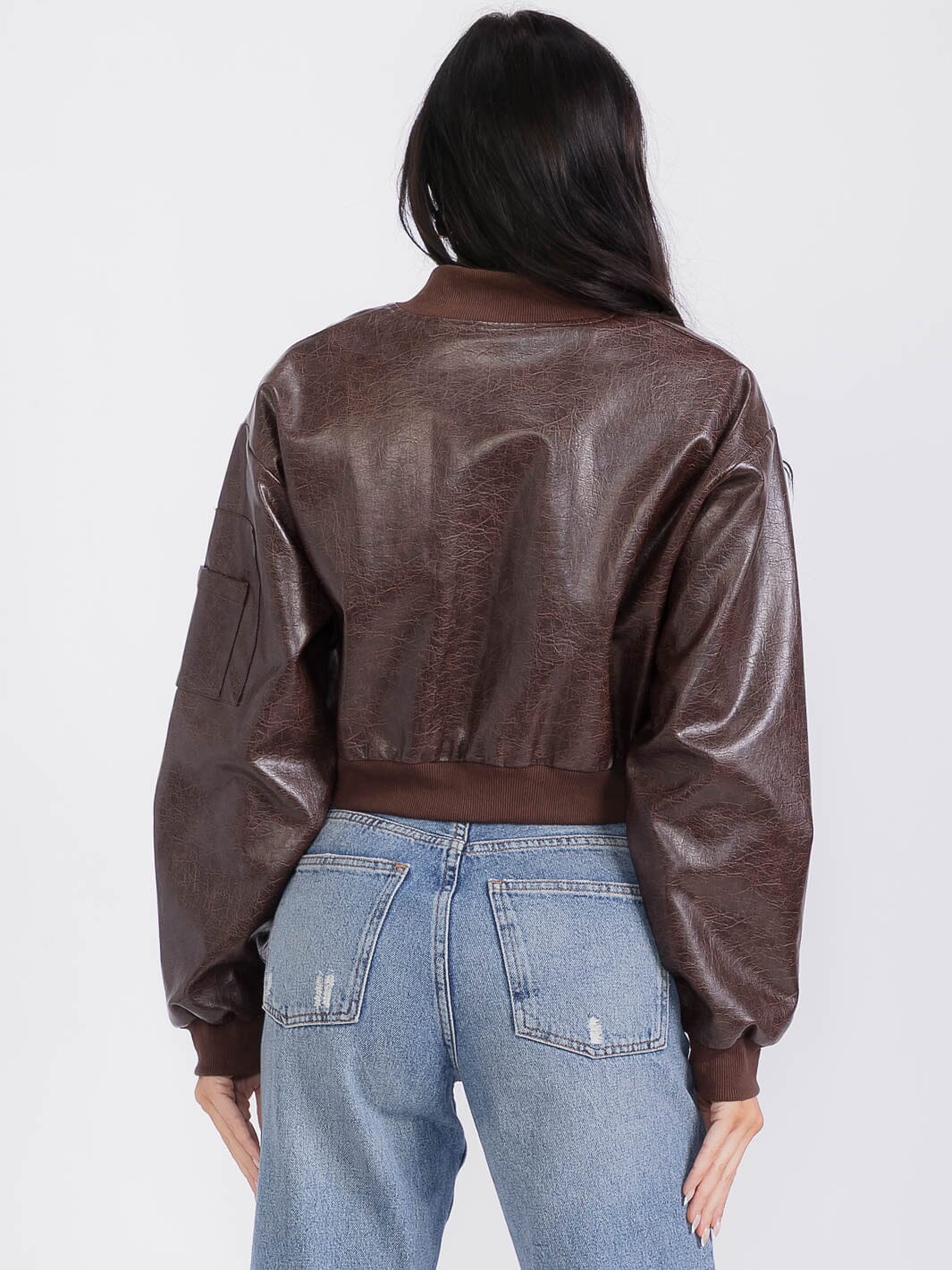 WOMEN'S LONG SLEEVE ZIP UP POCKETS PU PLEATHER JACKET