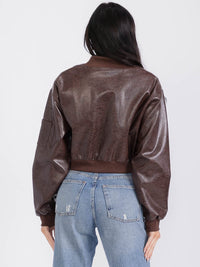 WOMEN'S LONG SLEEVE ZIP UP POCKETS PU PLEATHER JACKET