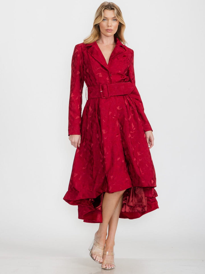 WOMEN'S LONG SLEEVE BUTTON CLOSURE HIGH LOW BELTED DRESS COAT