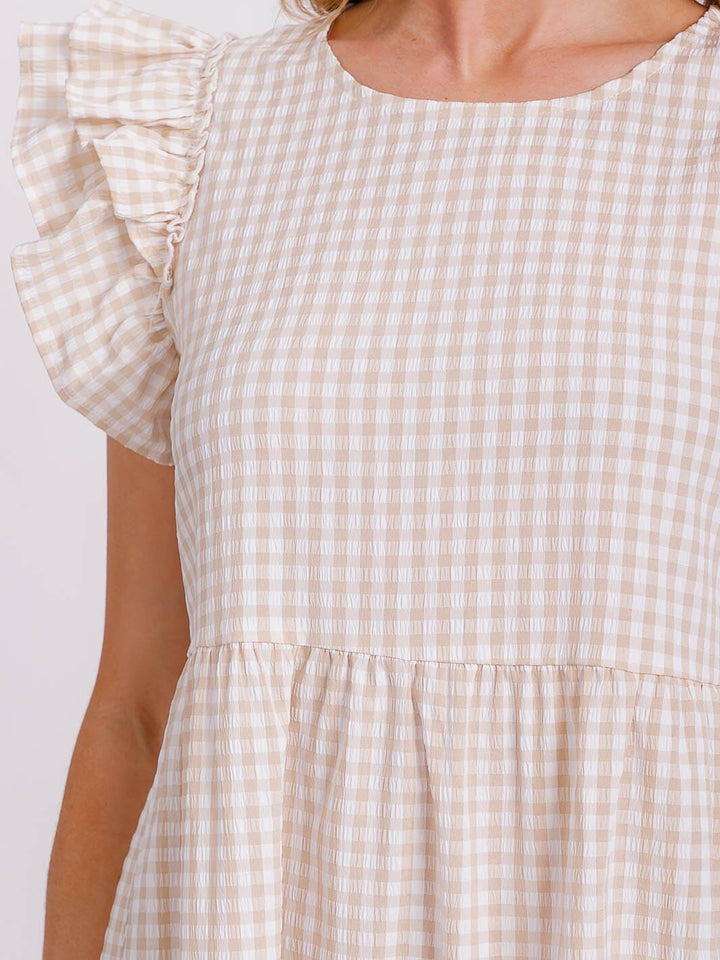 WOMEN'S RUFFLE SLEEVE TIERED TUNIC PLAID MINI DRESS