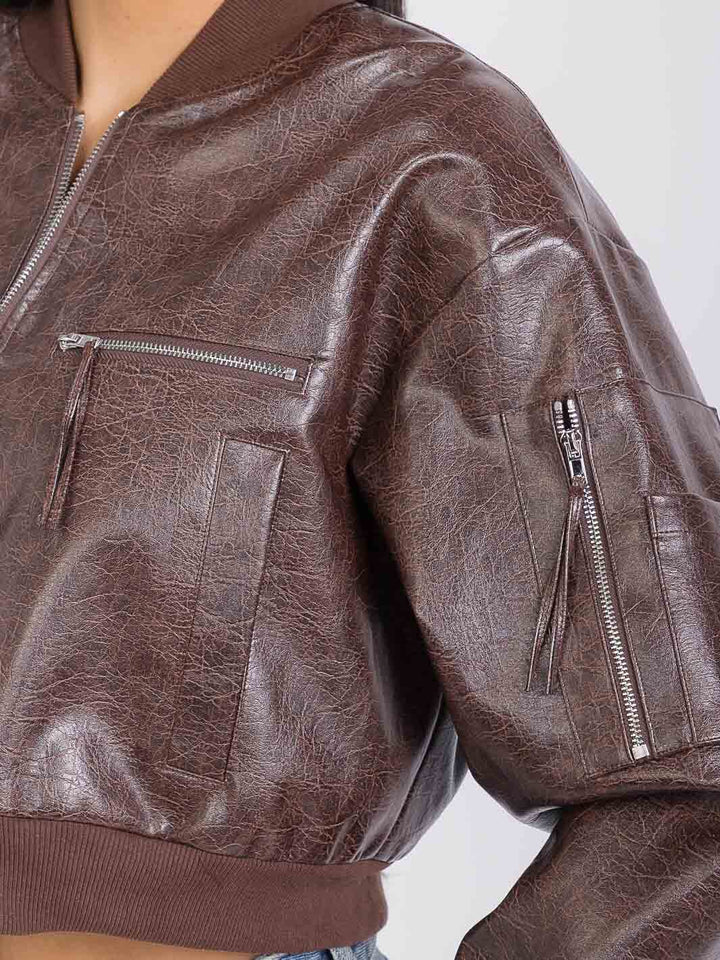WOMEN'S LONG SLEEVE ZIP UP POCKETS PU PLEATHER JACKET