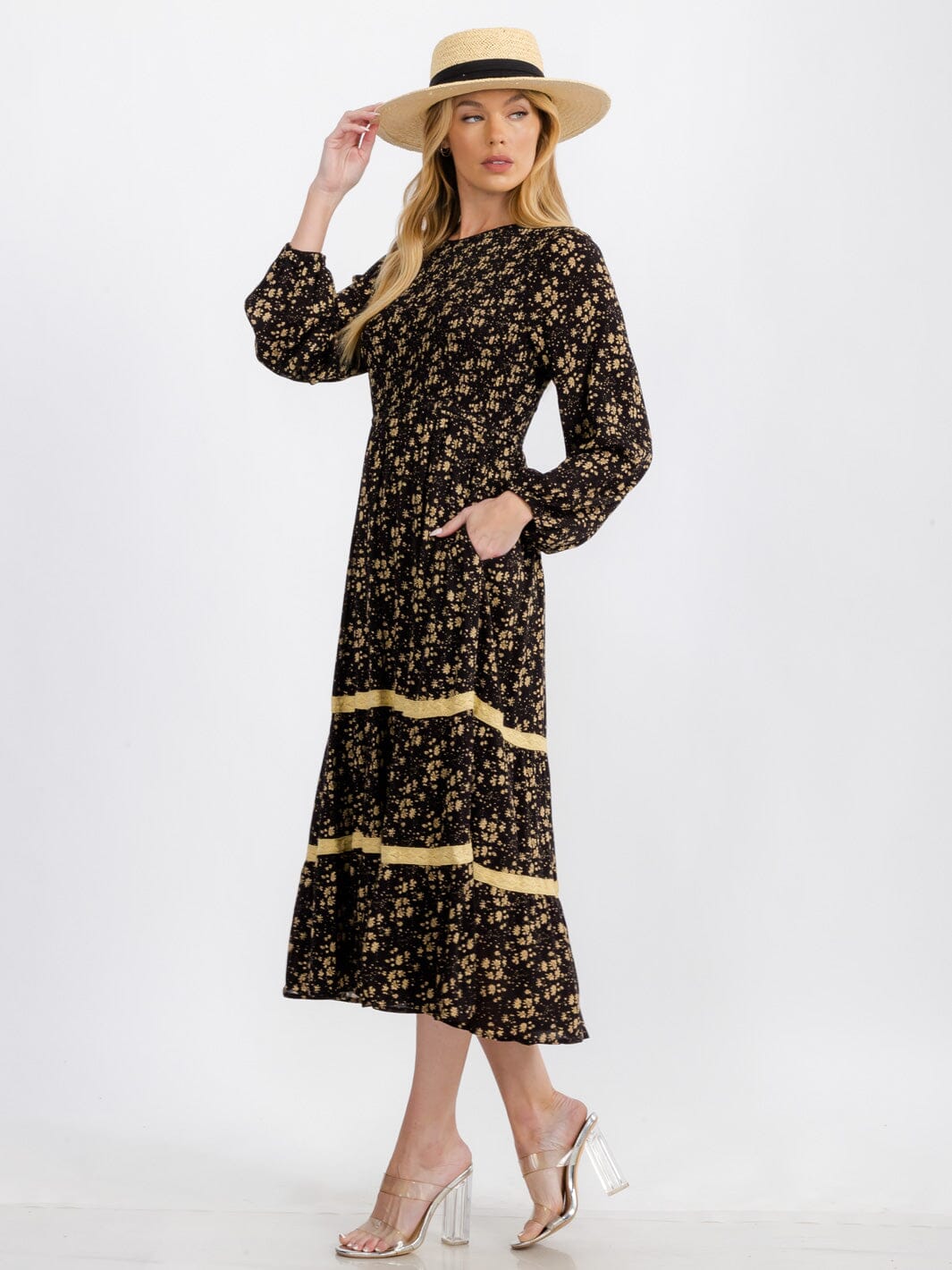 WOMEN'S LONG SLEEVE FRONT POCKETS SMOCK FLOWER MAXI DRESS