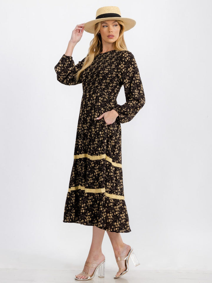WOMEN'S LONG SLEEVE FRONT POCKETS SMOCK FLOWER MAXI DRESS