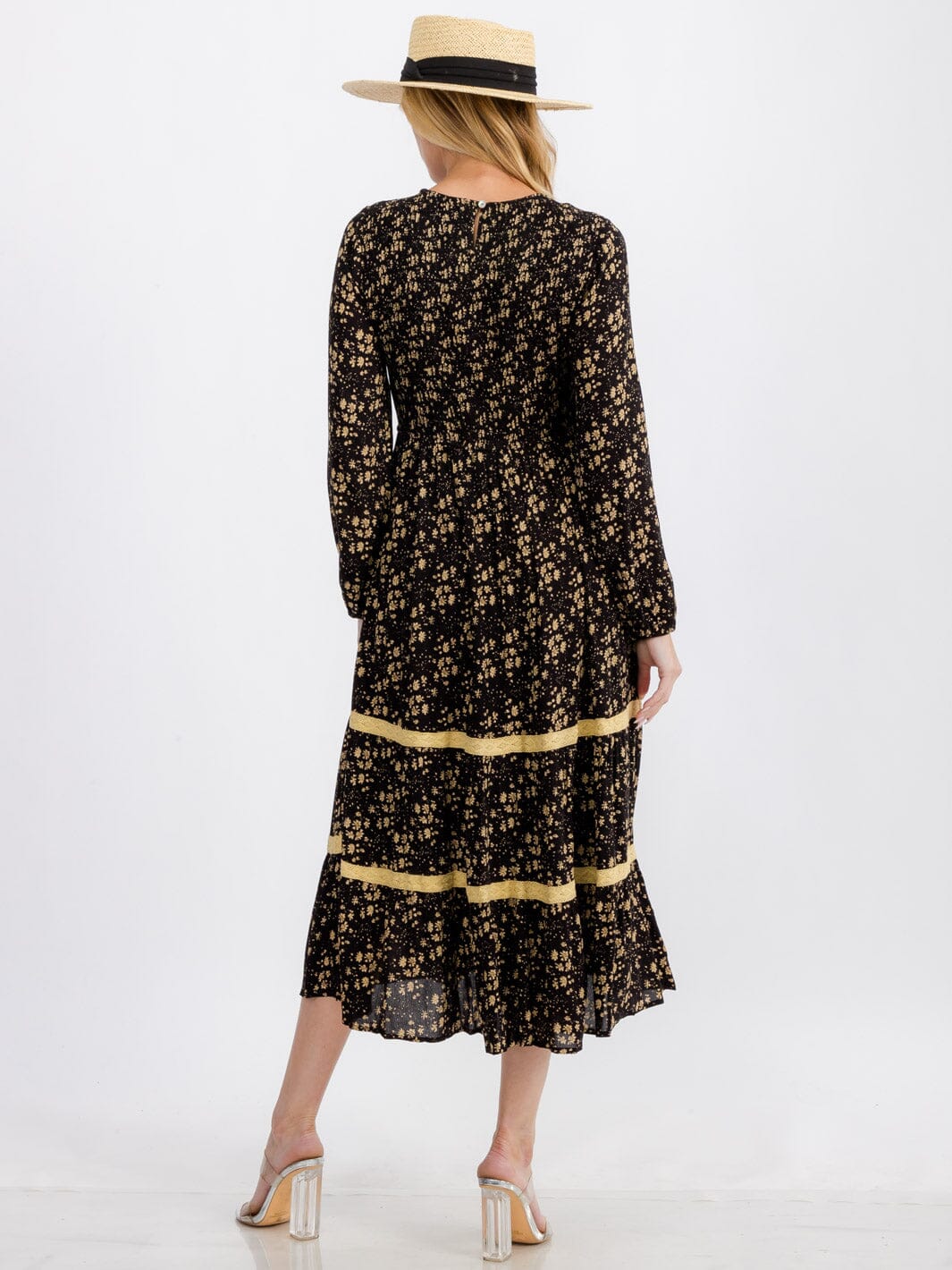 WOMEN'S LONG SLEEVE FRONT POCKETS SMOCK FLOWER MAXI DRESS