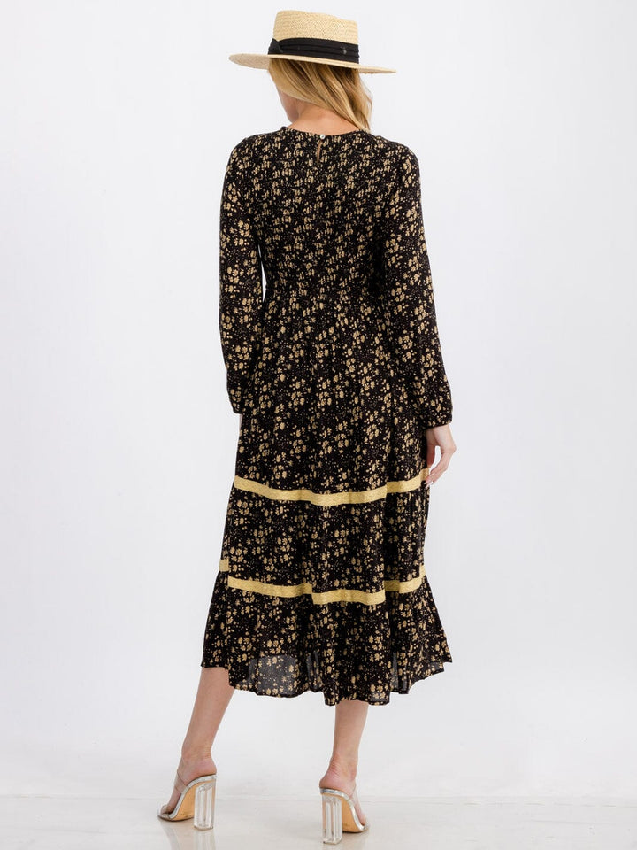 WOMEN'S LONG SLEEVE FRONT POCKETS SMOCK FLOWER MAXI DRESS