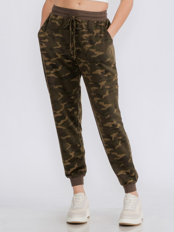 WOMEN'S ELASTIC WAIST POCKETS CAMO PRINT JOGGER PANTS