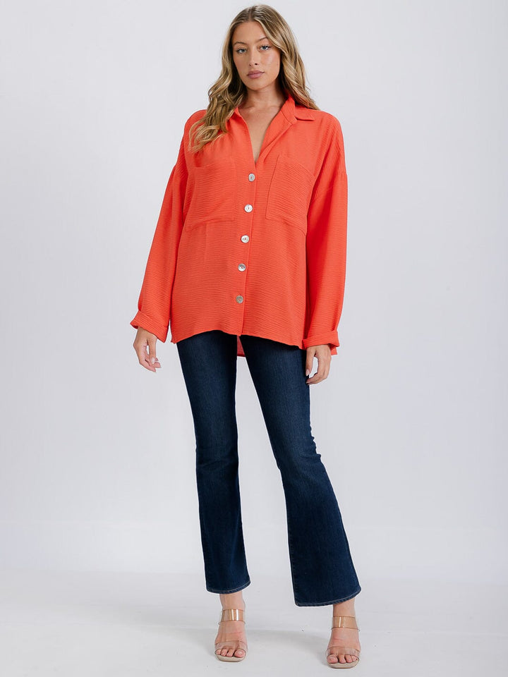 WOMEN'S LONG SLEEVE FRONT POCKETS BUTTON UP BLOUSE